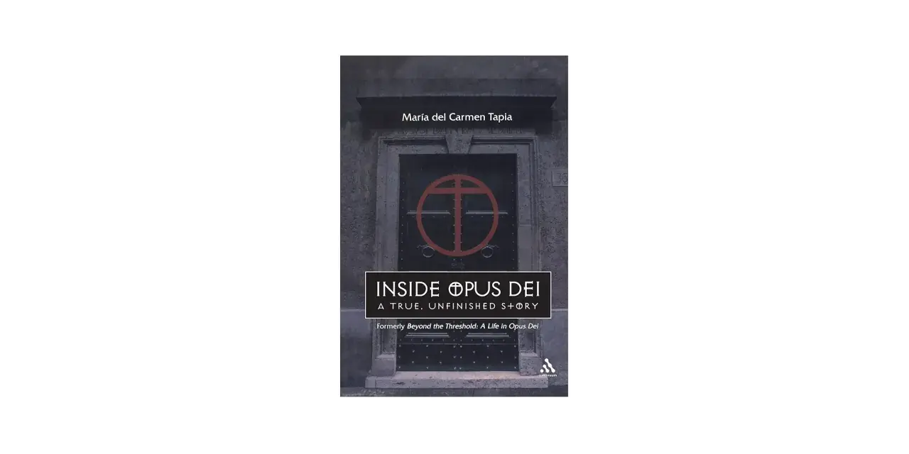 Book cover for "Inside Opus Dei" by María del Carmen Tapia, featuring a dark door with a red symbol and the title.