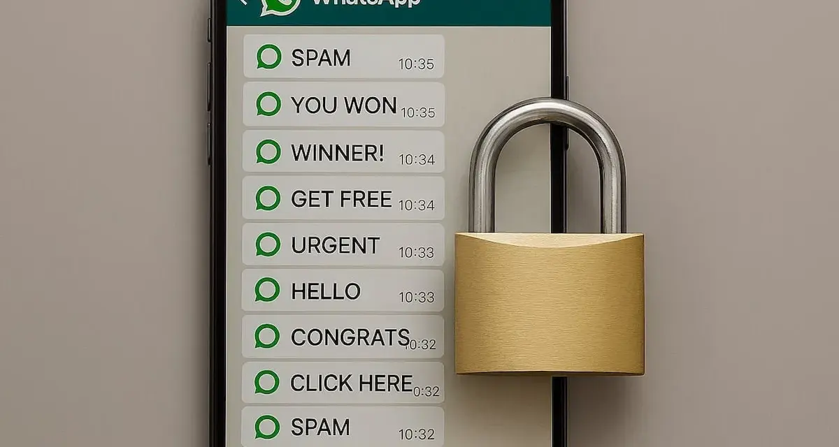 Smartphone mit WhatsApp-Nachrichten und einem Vorhängeschloss, das Sicherheit symbolisiert.