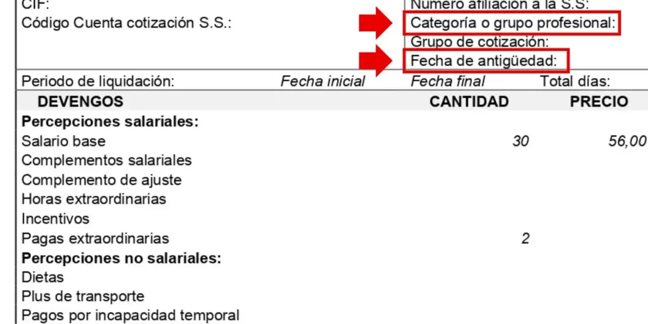 Recibo de nómina. Destaca "Grupo de cotización" y "Fecha de antigüedad", indicando que el grupo 08 se refiere a la cotización del trabajador.