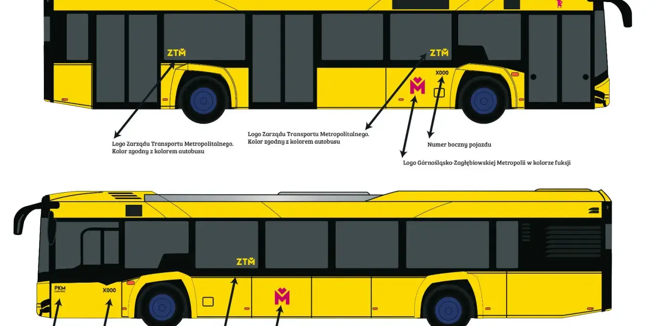 Żółty autobus z oznaczeniami: ZTM, logo operatora, logo Metropolii i numer boczny pojazdu.