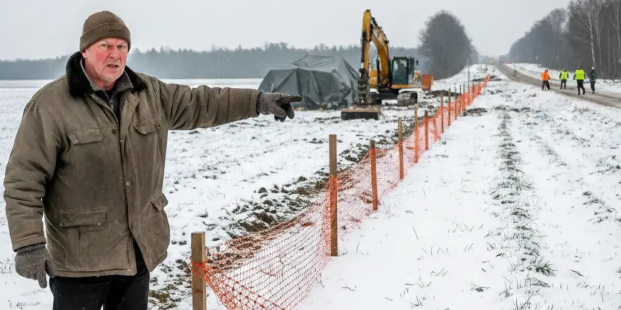 Mężczyzna wskazuje na plac budowy drogi. W tle koparka i pracownicy. Zima i specustawa drogowa utrudniają prace.