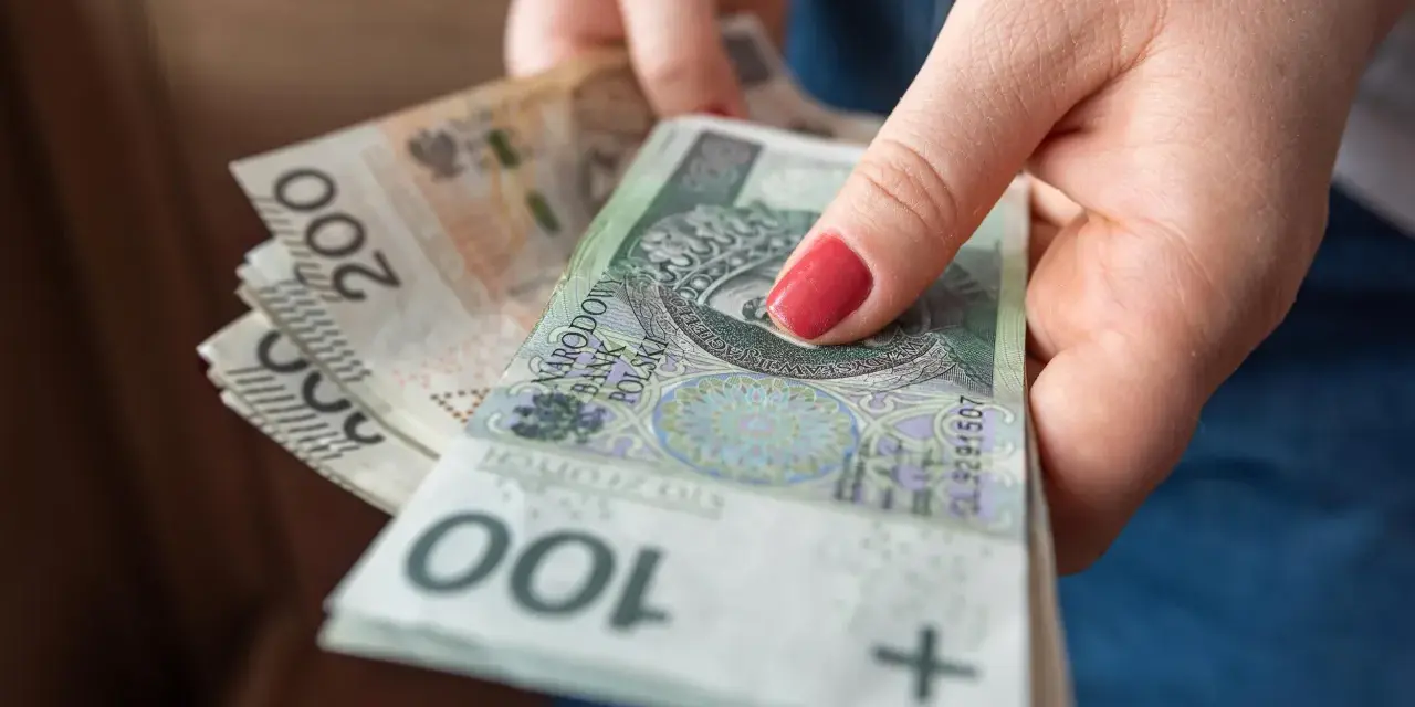 Dłoń trzyma stos polskich banknotów 100 i 200 zł. Pieniądze mogą być przeznaczone na przelew podatkowy.