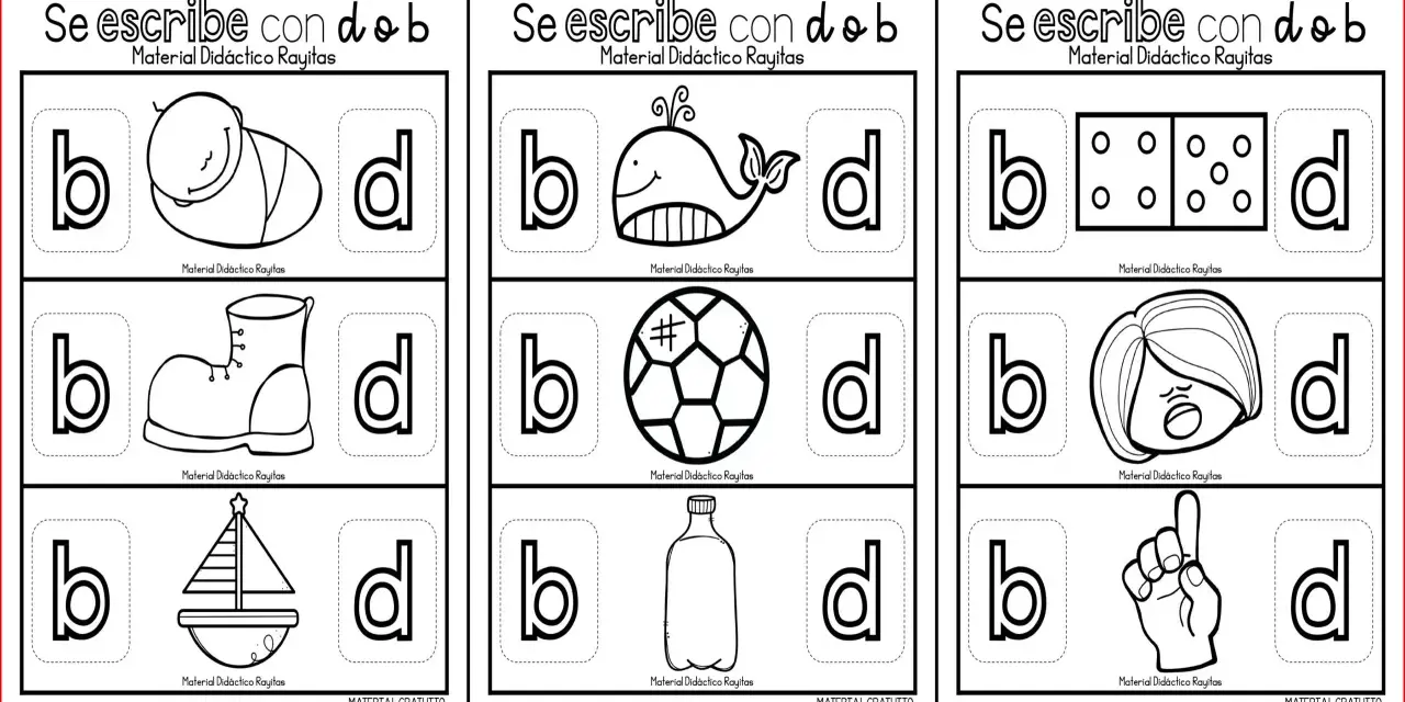 Fichas dislexia: b y d con dibujos de un bebé, ballena, bota, barco, dominó, cara, balón, botella y mano.
