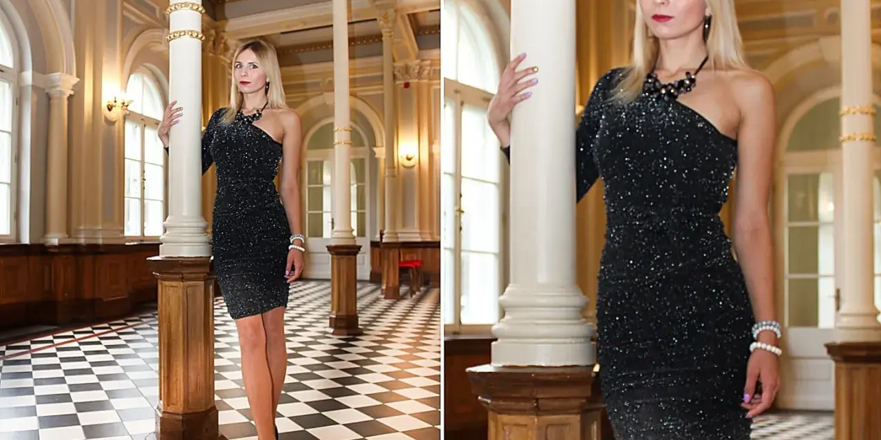 Elegancka czarna sukienka z cekinami to idealna odpowiedź na pytanie, co ubrać na sylwestra. Błyszcząca kreacja w połączeniu z klasycznymi szpilkami.