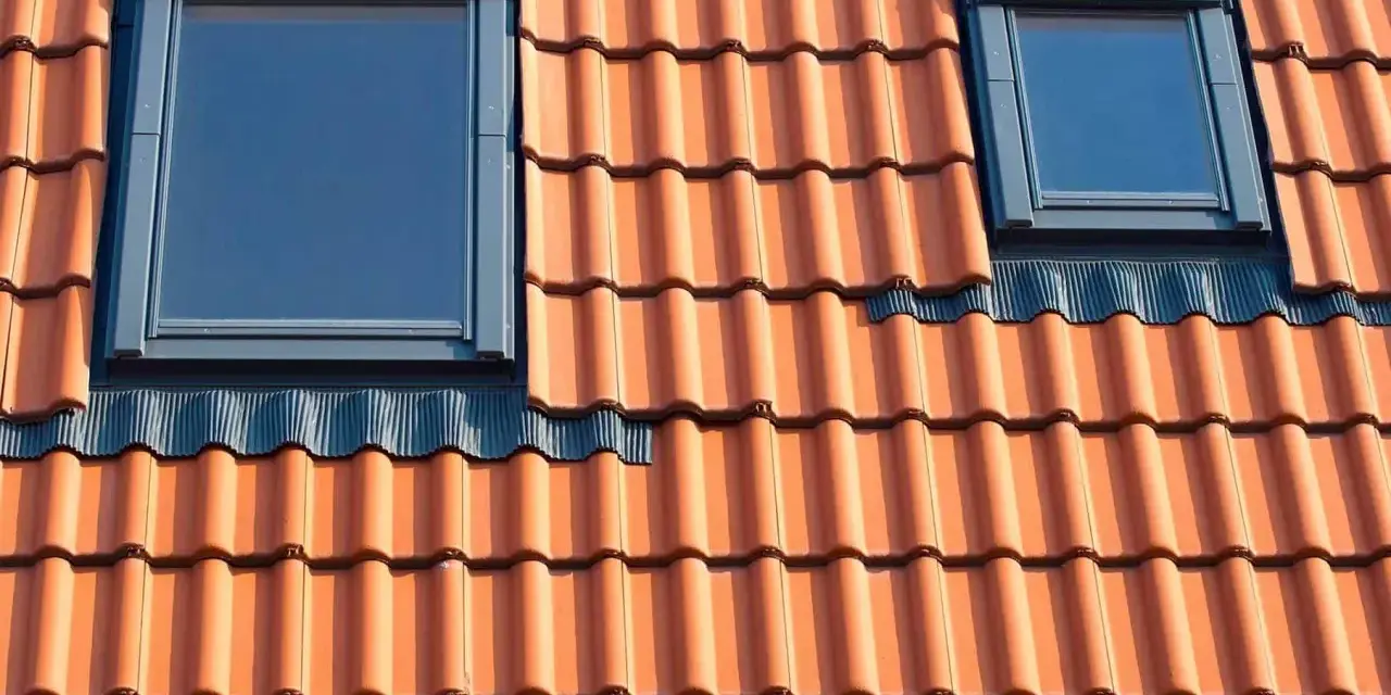 Dwa małe okienka w dachu z dachówki ceramicznej.