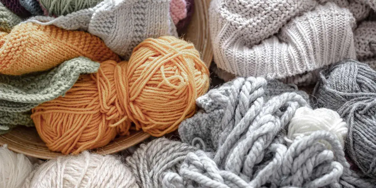 Ovillos de lana y tejidos de punto en tonos tierra y grises. El suave **merino material** invita a crear prendas cálidas y acogedoras.