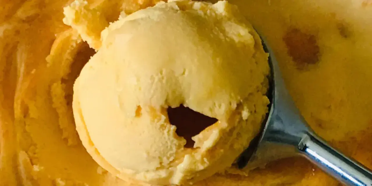 Ein Löffel hebt eine Kugel cremiges Sanddorn-Eis aus einer Schüssel. Die Farbe erinnert an die Sonne.