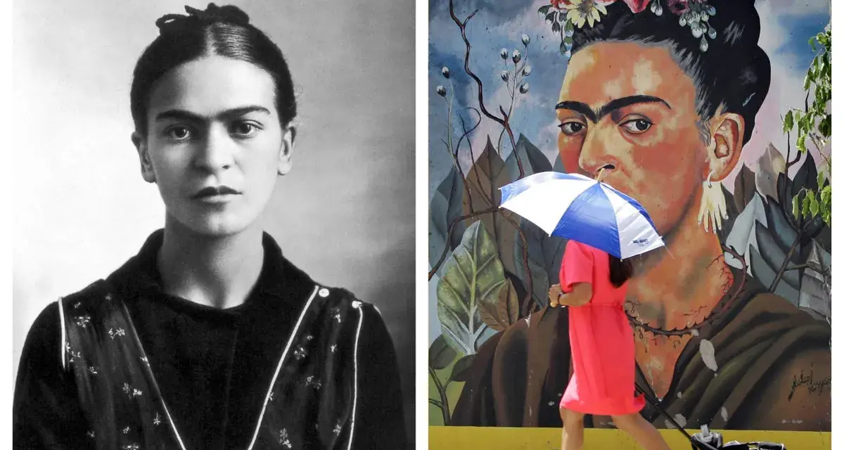 Frida Kahlo fakta: en ikonisk porträttbild och en färgstark muralmålning där en person med paraply passerar framför.