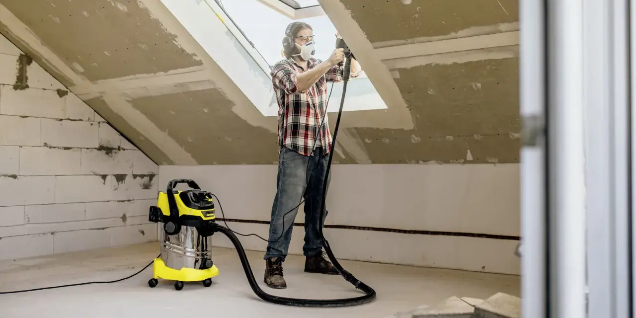 Man med skyddsutrustning använder Kärcher WD 6 för att dammsuga vid renovering av ett vindsrum.