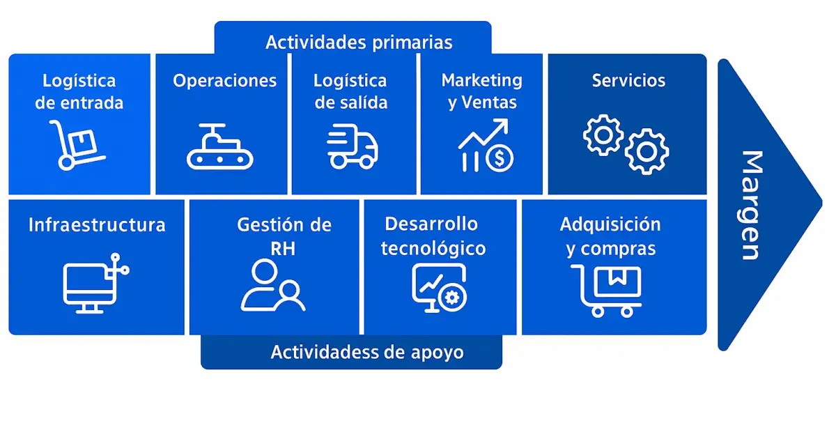 Diagrama de la cadena de valor de una empresa, mostrando actividades primarias (logística, operaciones, marketing, servicios) y de apoyo (infraestructura, RH, tecnología, compras), culminando en el margen.