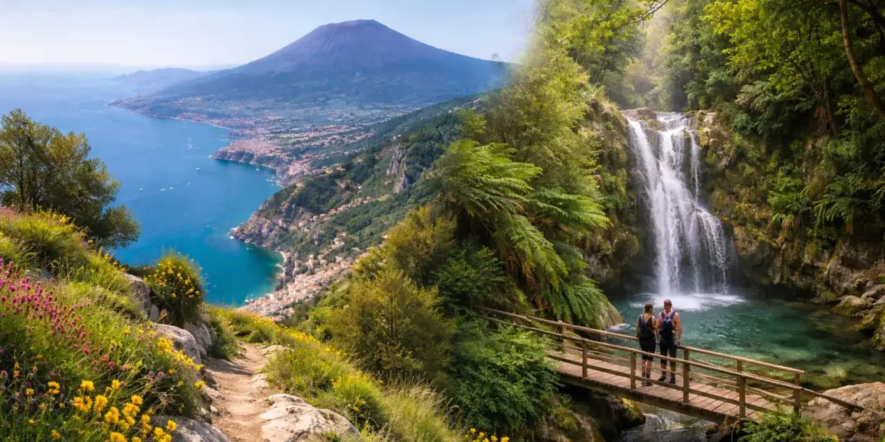 Sentiero fiorito con vista sul Vesuvio e cascata in Campania. Due escursionisti su un ponte ammirano la natura.