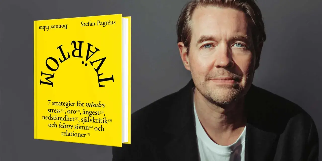 Stefan Pagréus bredvid boken "Tvärtom" som ger strategier för att måla snabbt och hantera stress.