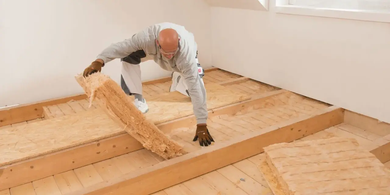 Mann verlegt Dämmmaterial auf Holzbalkendecke, vorbereitend für Estrich.