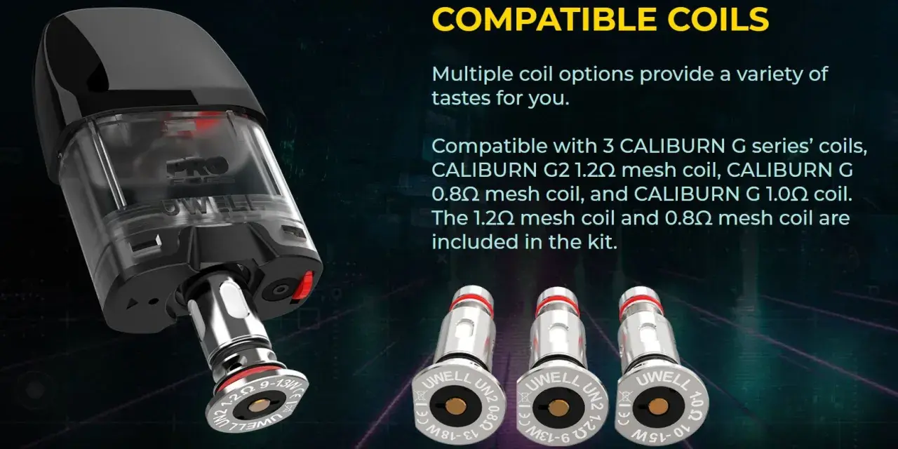 Cartucho de vapeo KOKO GK2 con tres resistencias Uwell compatibles: 1.2Ω, 0.8Ω y 1.0Ω.