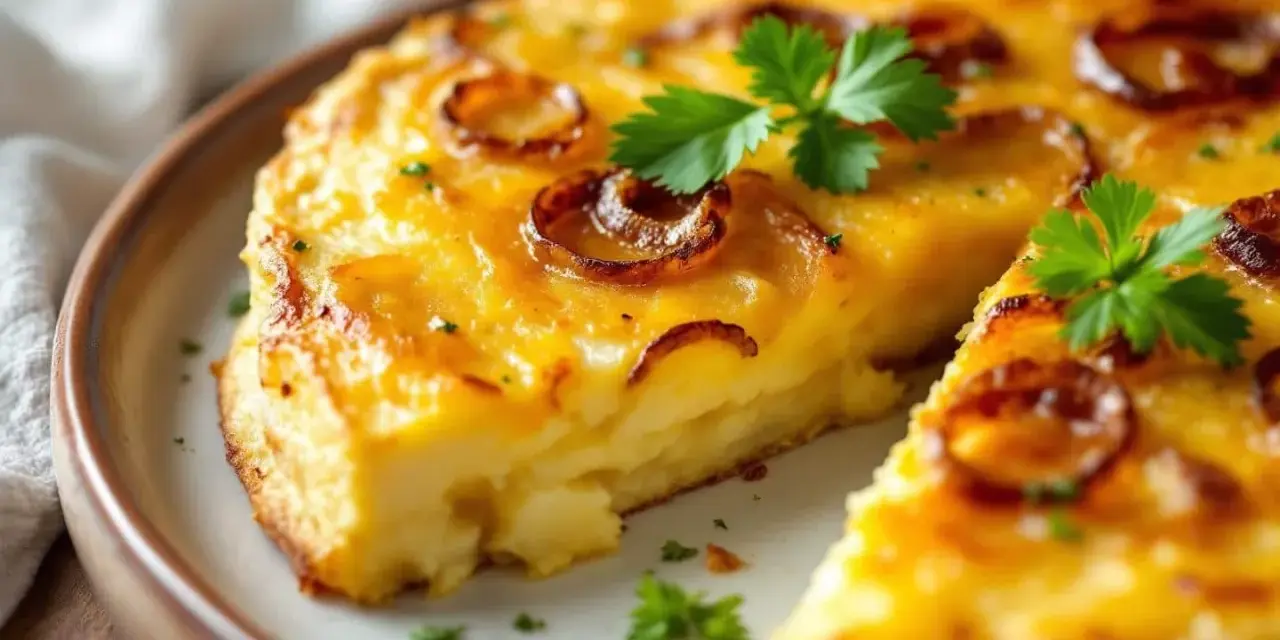 Une part de tortilla au four, dorée et garnie d'oignons caramélisés et de persil frais, sur une assiette.