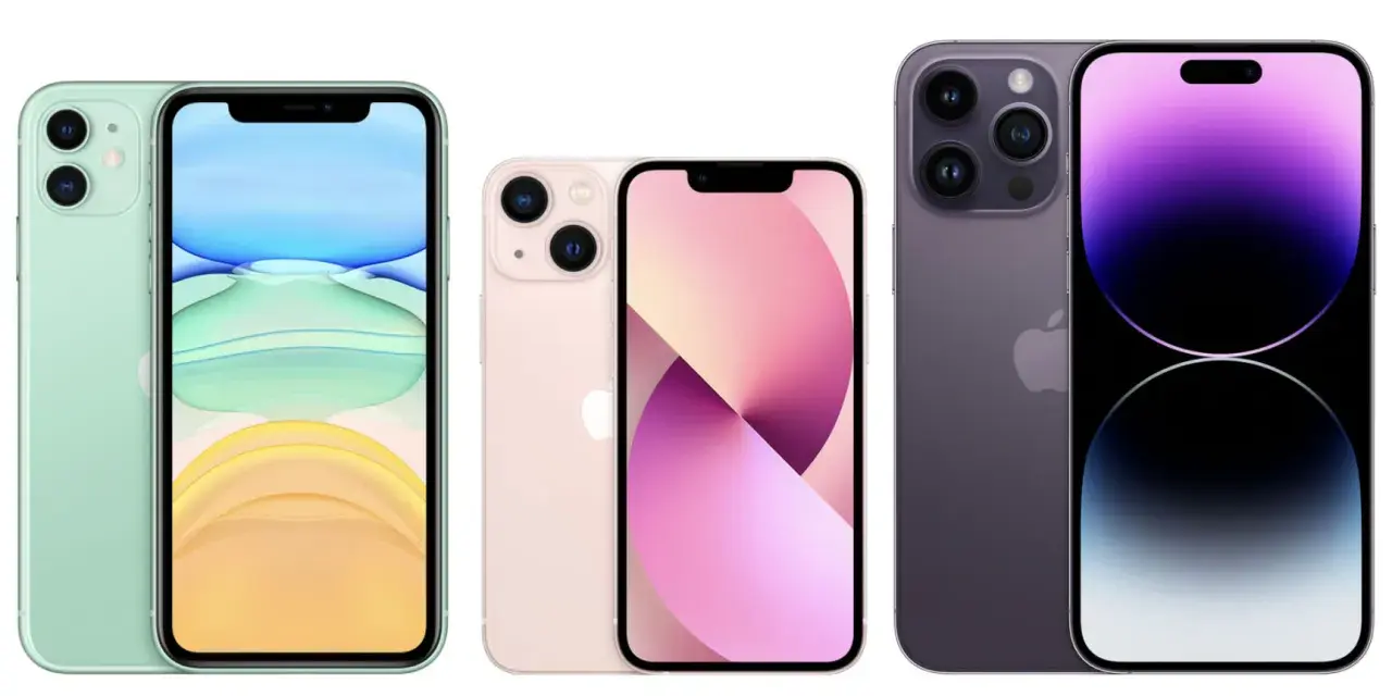 Trzy modele iPhone'ów: zielony iPhone 11, różowy iPhone 13 i fioletowy iPhone 14 Pro. Jaki jest najnowszy iPhone? To ten fioletowy!