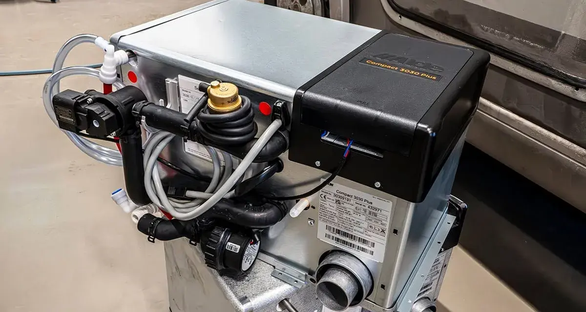 Alde Compact 3010 Plus värmesystem med slangar och kopplingar, redo för installation i husbil.