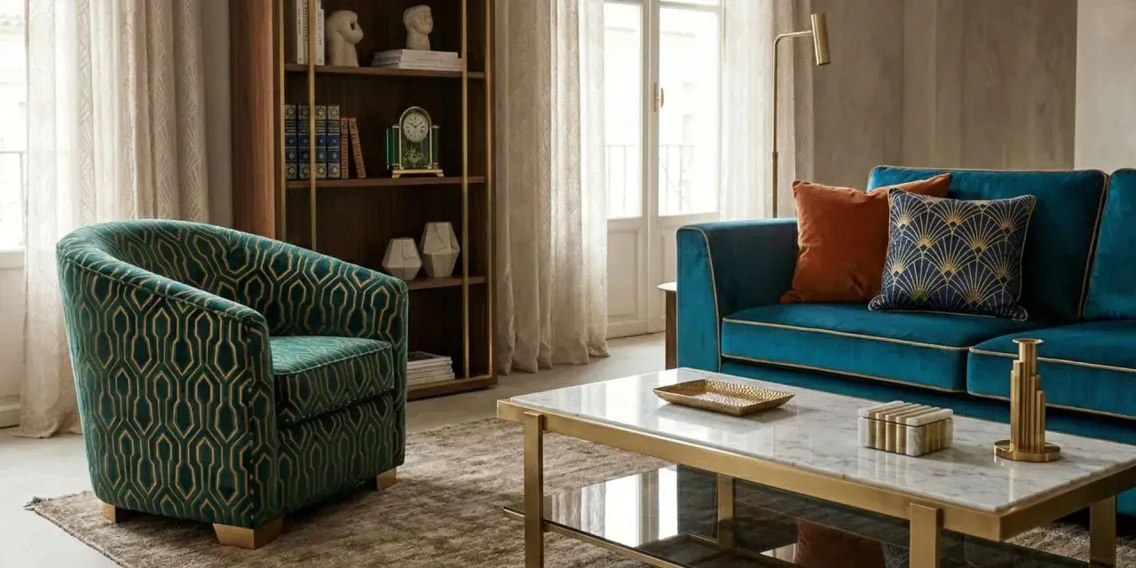 Poltrona verde con motivo geometrico dorato, che ricorda come si fa il velluto, accanto a un divano blu e un tavolino di marmo.
