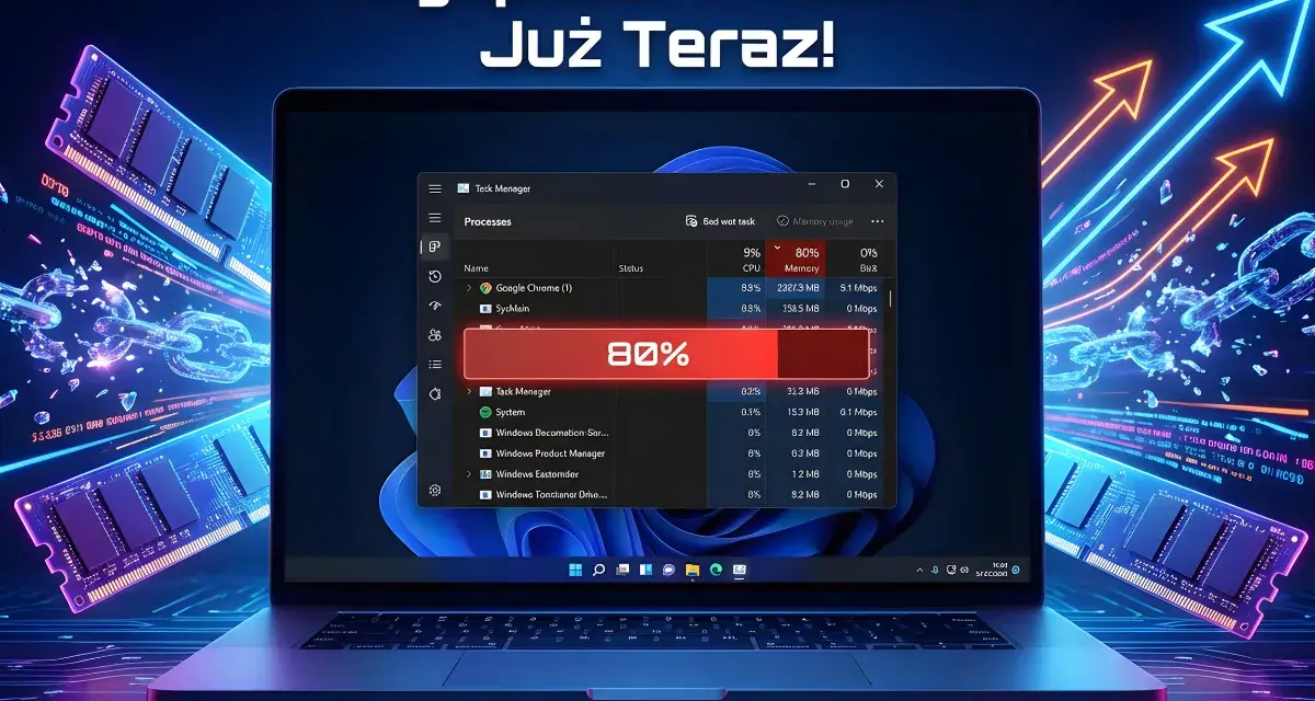 Optymalizacja Windows 11: menedżer zadań pokazuje 80% użycia pamięci, a obok moduły RAM i strzałki wzrostu.