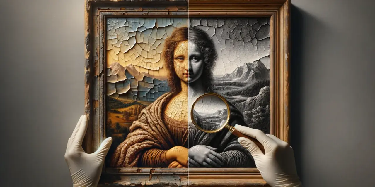 Mona Lisa divisée en deux, couleur et noir et blanc, sous une loupe. Une œuvre d'art, une huile sur toile, examinée avec soin.