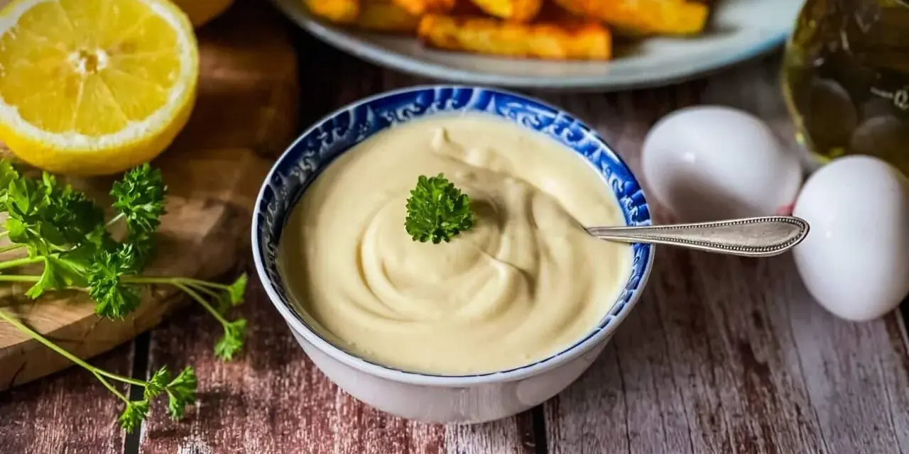 Cremige Mayonnaise, perfekt für Ihr nächstes mayonnaise rezept. Dazu passen goldbraune Pommes, frische Petersilie, Zitrone und Eier.