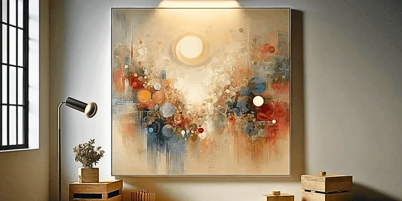 Un vibrante cuadro mural abstracto con círculos y pinceladas en tonos cálidos y fríos, iluminado por un aplique de pared.