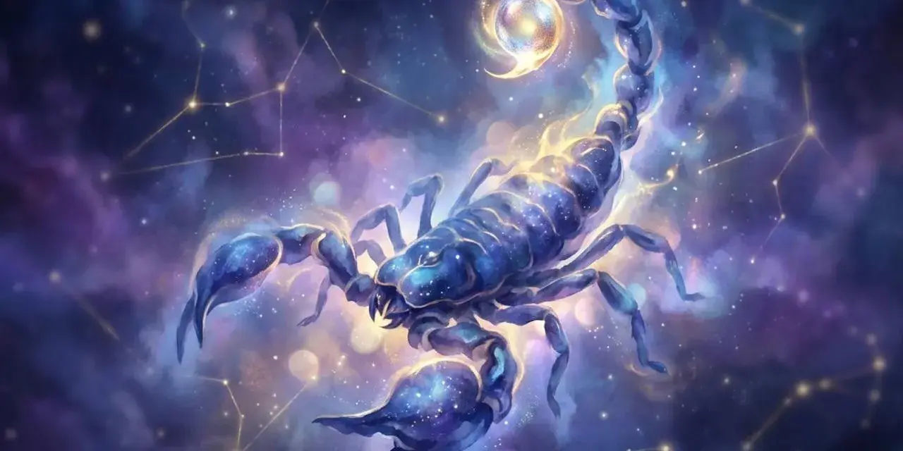 Skorpion, 26 października znak zodiaku, w kosmicznej poświacie, otoczony konstelacjami.