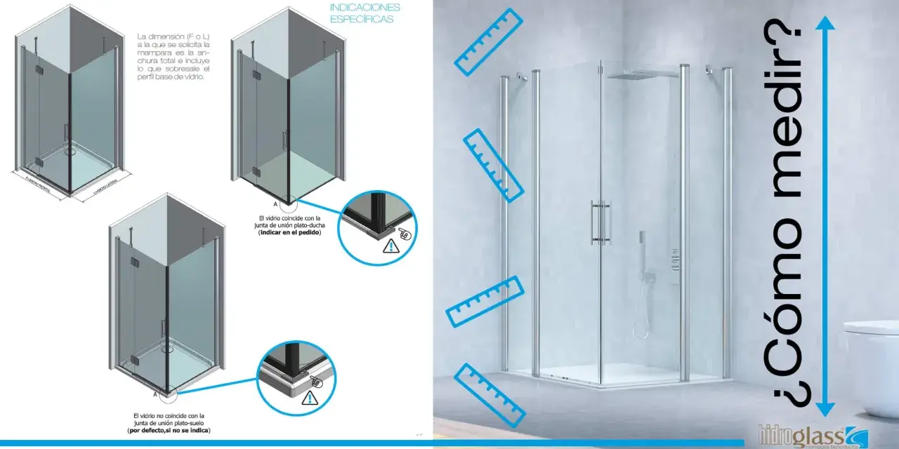 Diagramas de **baños con pared en la ducha** y cómo medir las mamparas.