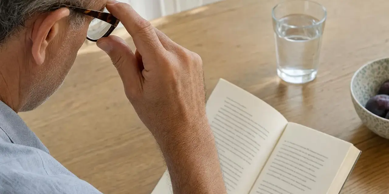 Un uomo con occhiali legge un libro, forse perché vede a righe. Sul tavolo, un bicchiere d'acqua e una ciotola di prugne.