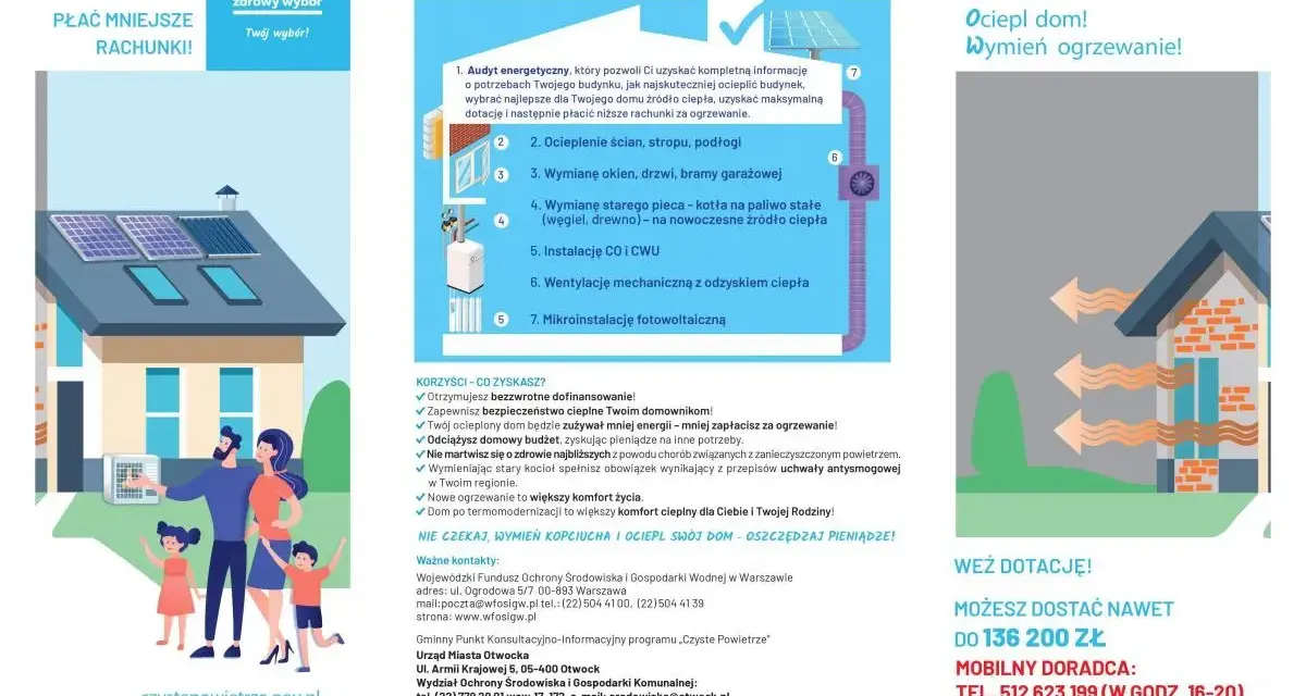 Rodzina przed domem z panelami słonecznymi i kotłem gazowym, zachęta do wymiany ogrzewania i ocieplenia domu w ramach programu "Czyste Powietrze" - wpis do księgi wieczystej.