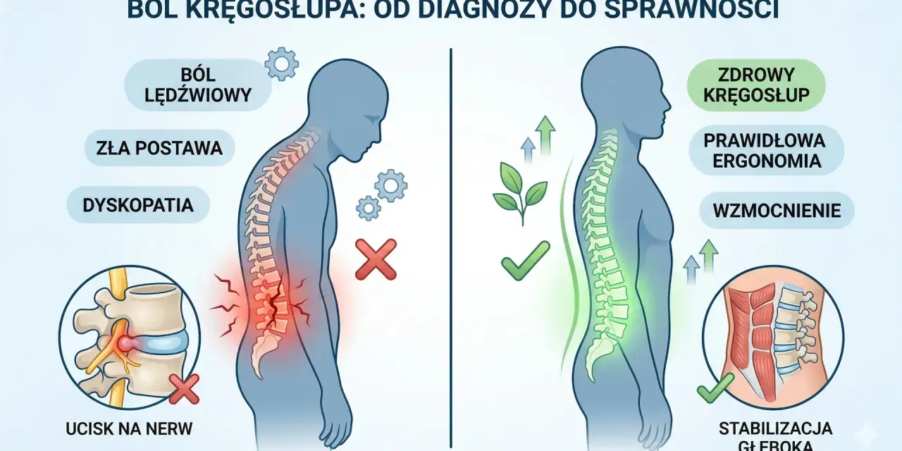 Ilustracja pokazuje, jak dyskopatia kręgosłupa prowadzi do bólu i złej postawy, w przeciwieństwie do zdrowego kręgosłupa dzięki ergonomii i wzmocnieniu.