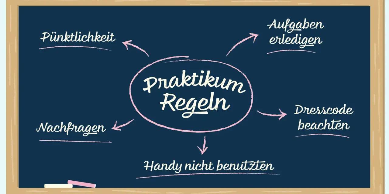 Mindmap mit praktikum ideen: Pünktlichkeit, Aufgaben erledigen, Dresscode beachten, Handy nicht benutzen, Nachfragen.