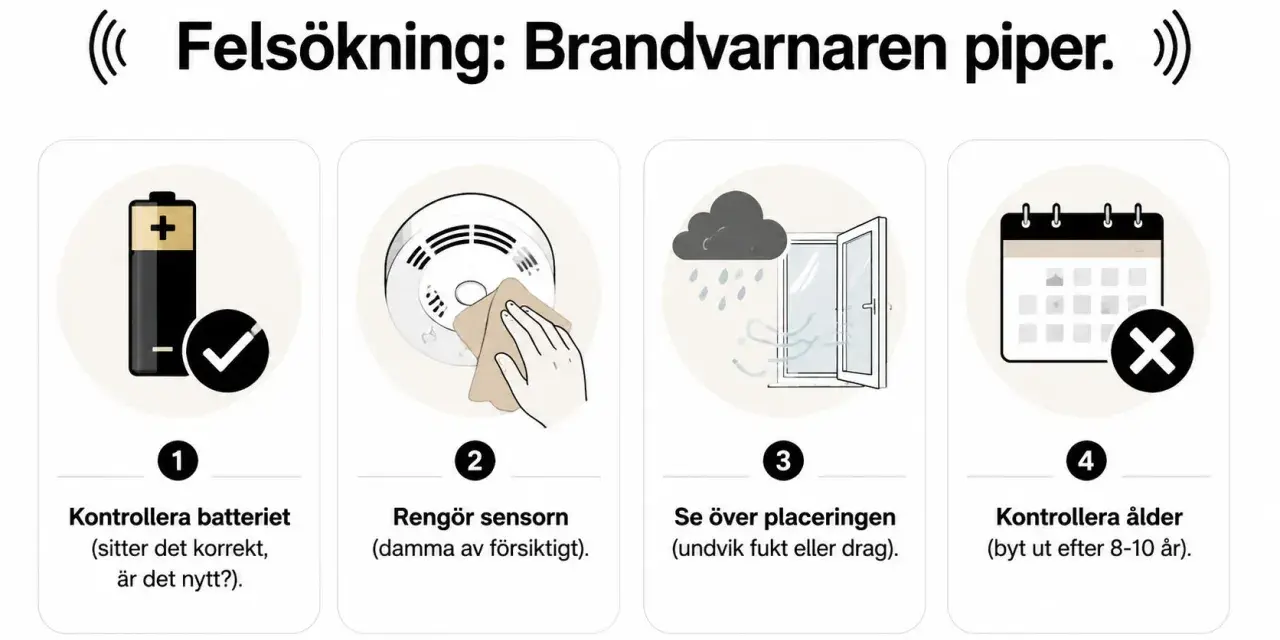 Felsökning: brandlarm piper. Kontrollera batteri, rengör sensor, se över placering, kontrollera ålder.