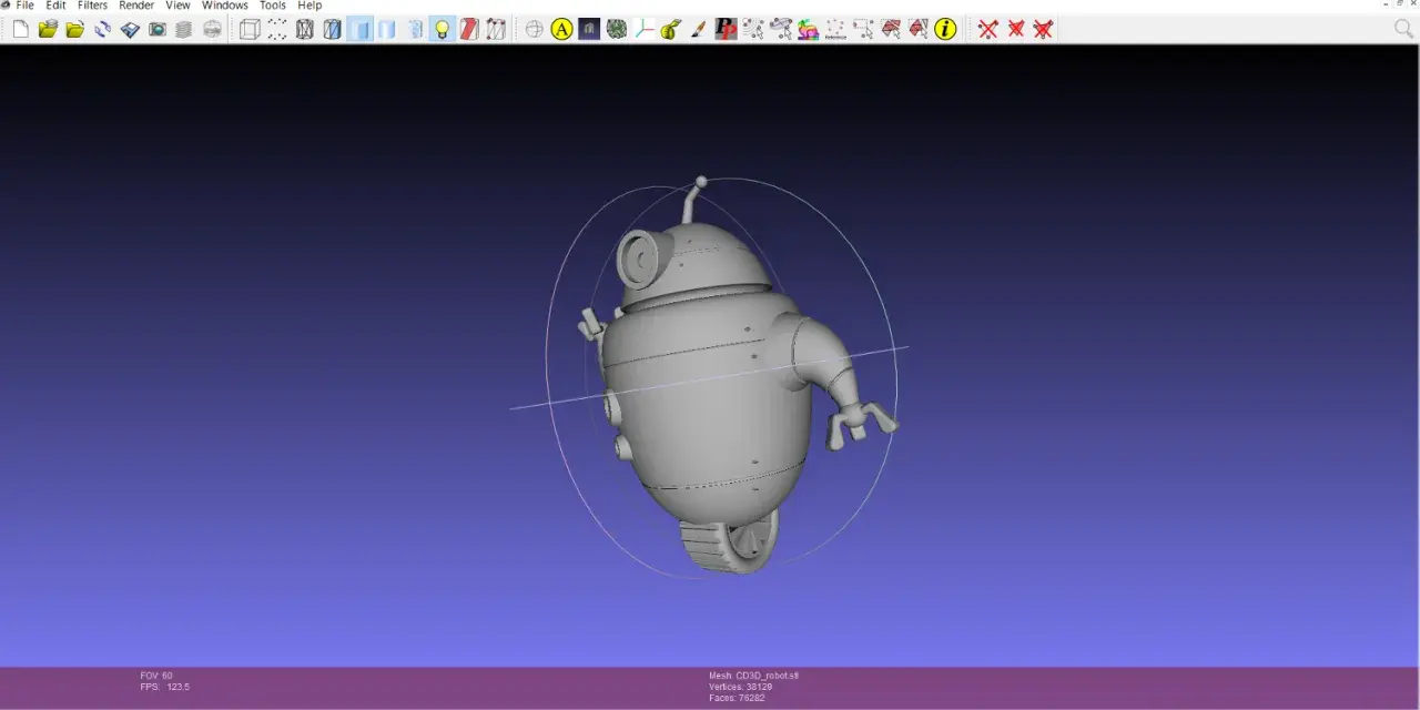 Szary model robota 3D na fioletowym tle, widoczny w oprogramowaniu MeshLab.
