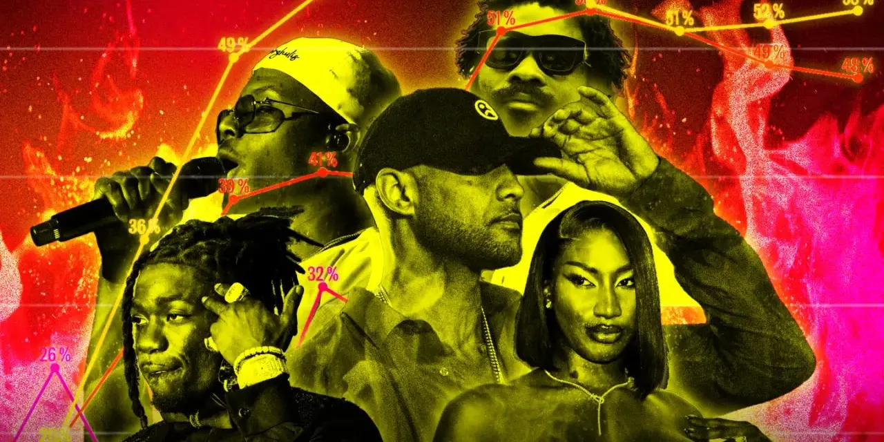 Des artistes de le rap, dont certains chantent au micro, sur fond de flammes et de graphiques.