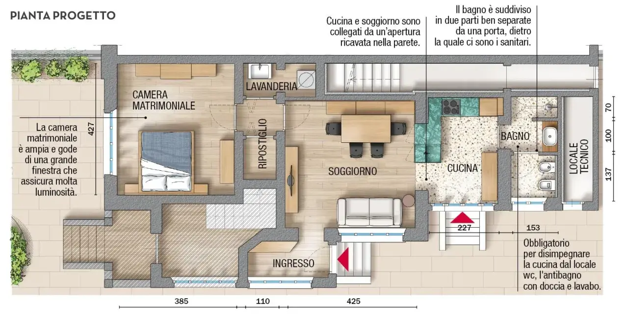 Pianta di un progetto casa 55 mq rettangolare: ingresso, soggiorno, cucina, bagno, lavanderia, ripostiglio e camera matrimoniale luminosa.