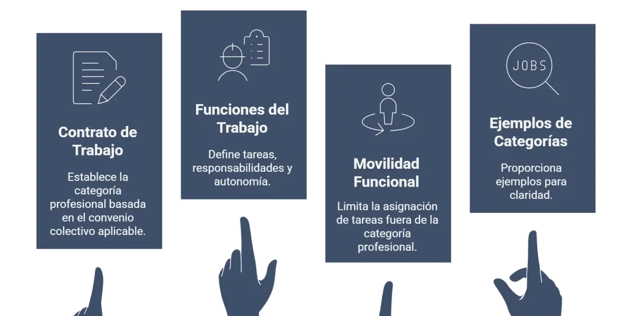 Diagrama sobre cómo determinar la categoría profesional de un empleado, cubriendo contrato, funciones, movilidad y ejemplos.
