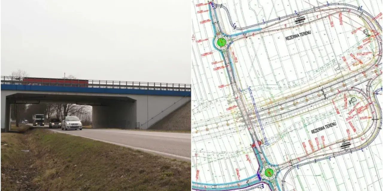 Most drogowy i plan węzła autostradowego.