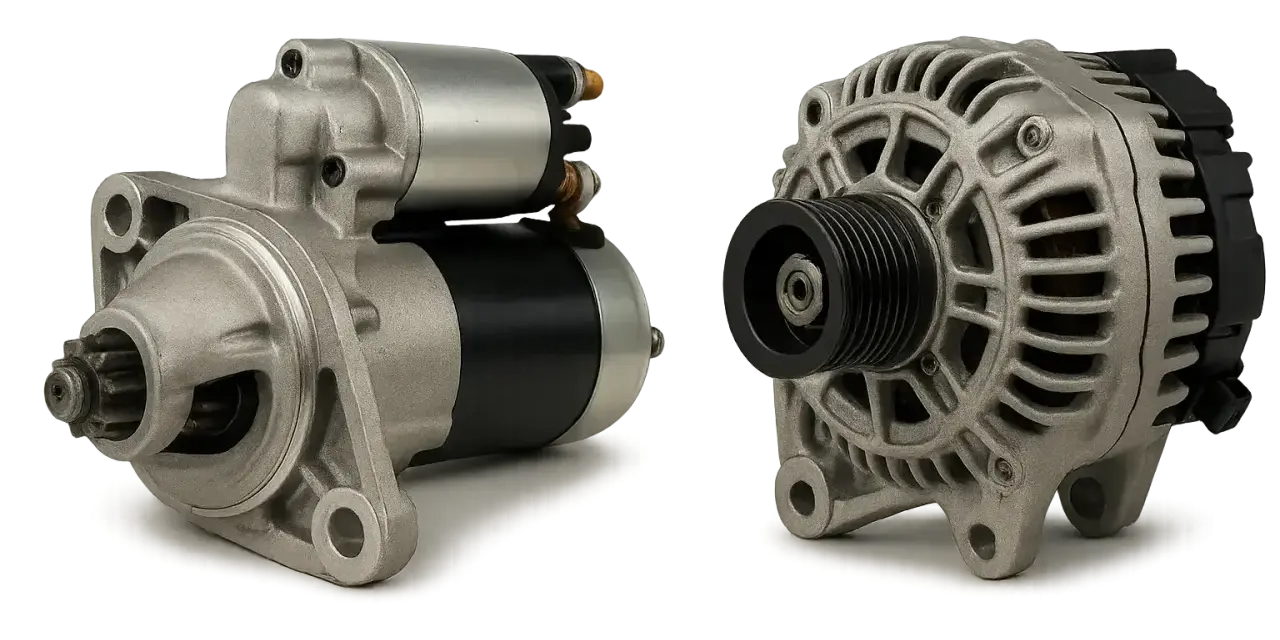 Ein Anlasser beim Auto ist das Bauteil, das den Motor startet. Hier im Bild links zu sehen, neben dem Generator.
