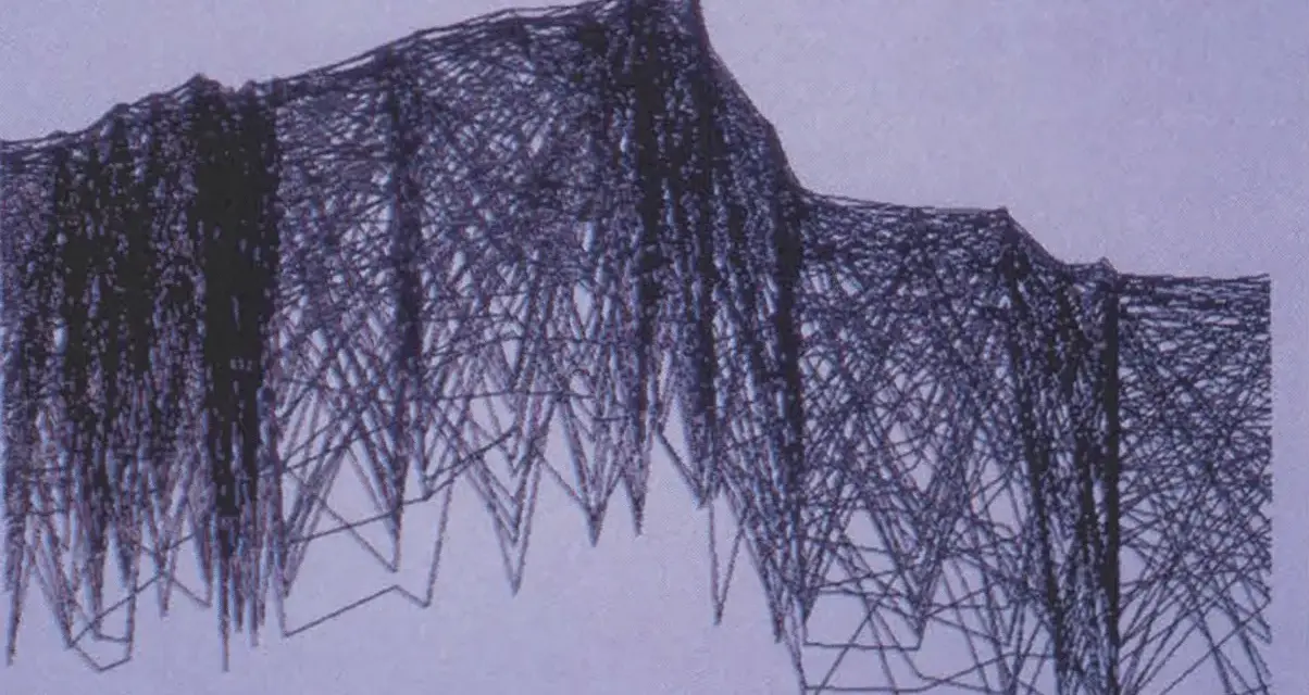 Une œuvre d'art contemporain défie la perception avec un réseau complexe de lignes sombres formant une structure abstraite rappelant une montagne ou une cascade.