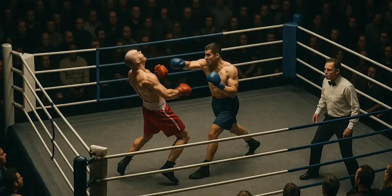 Dos boxeadores en un ring, uno golpea al otro. El árbitro observa. Una escena intensa, como en los mejores juegos de boxeo pc.