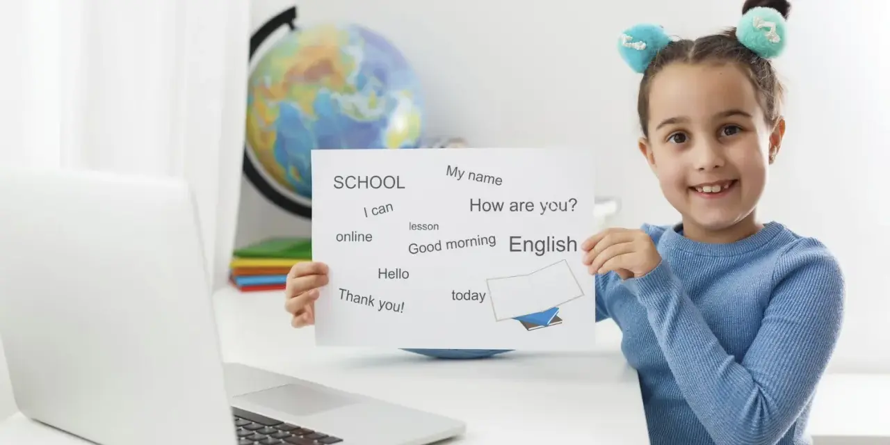 Uśmiechnięta 7 latek pokazuje kartkę z angielskimi słówkami: "English", "Hello", "Thank you!".