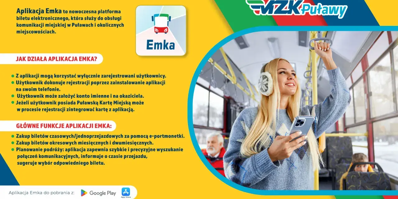 Uśmiechnięta pasażerka w autobusie 60 korzysta z aplikacji Emka na telefonie, kupując bilet.