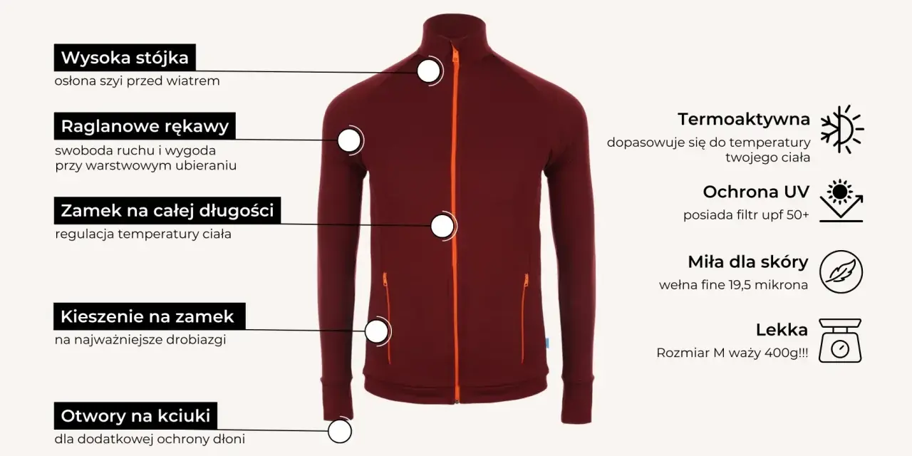 Bordowa bluza sportowa 100% merino z wysoką stójką, zamkiem na całej długości, kieszeniami i otworami na kciuki. Idealna bluza w góry.