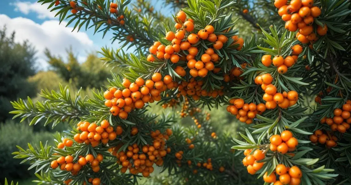 Tätt med orange havtorn på grenar, redo att plockas. En vacker syn som inspirerar till att plantera havtorn.