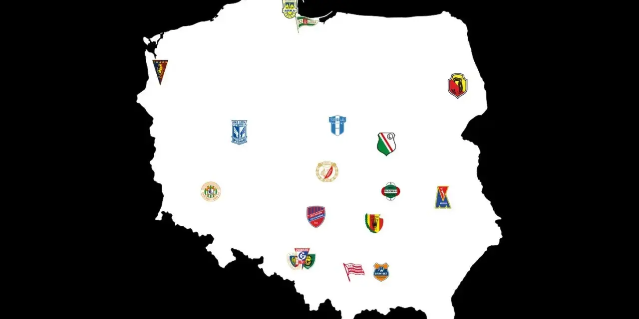 Mapa Polski z herbami klubów Ekstraklasy. Zastanawiasz się, ile kolejek do końca sezonu?