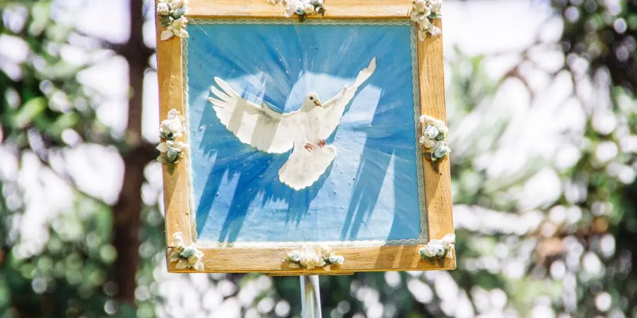 Ein Bild einer weißen Taube vor blauem Hintergrund, das den Heiligen Geist symbolisiert. Perfekt für einen Gottesdienst zu Pfingsten.