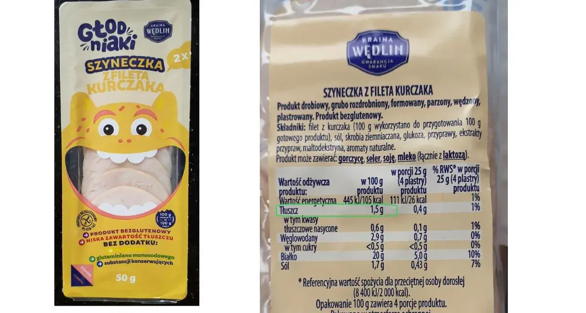 Szyneczka z fileta kurczaka, 100g zawiera 20g białka. Wartość energetyczna 105 kcal.