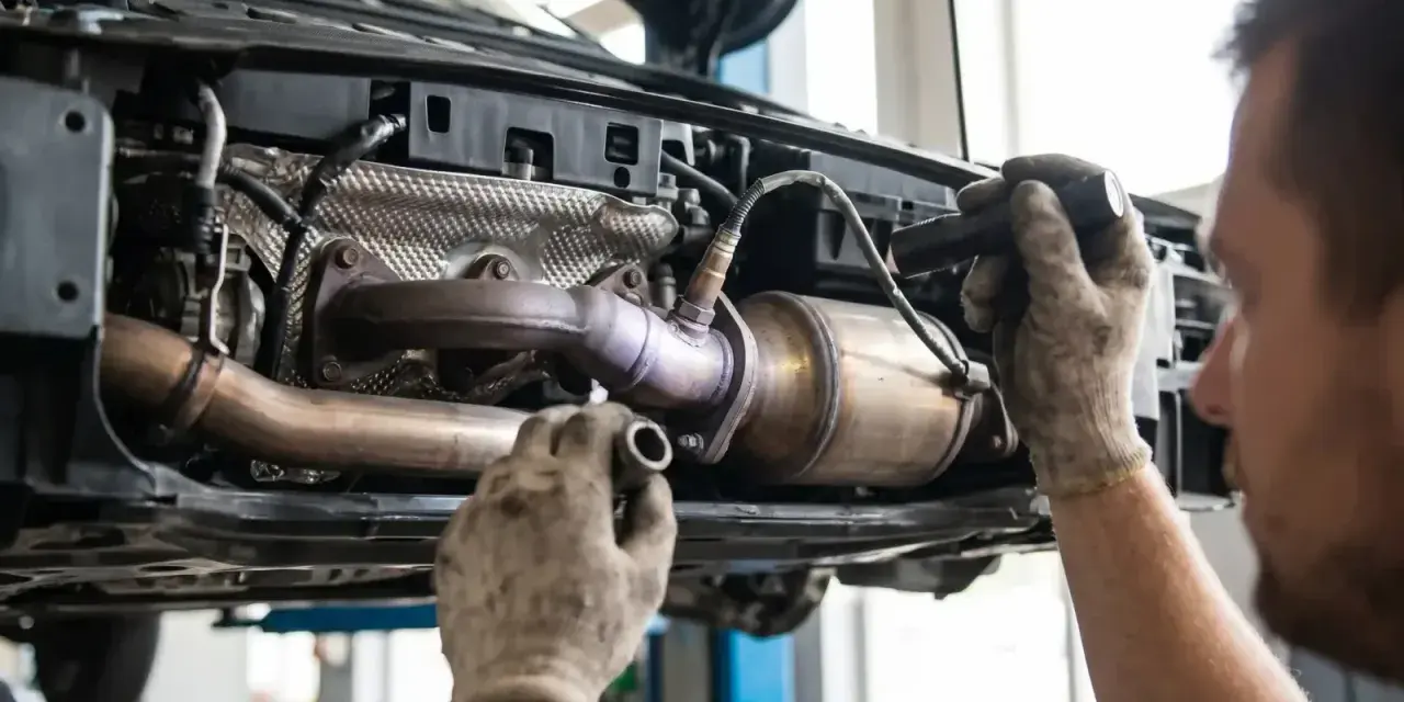 Mechanik naprawia katalizator, który może być przyczyną błędu DTC P0420.