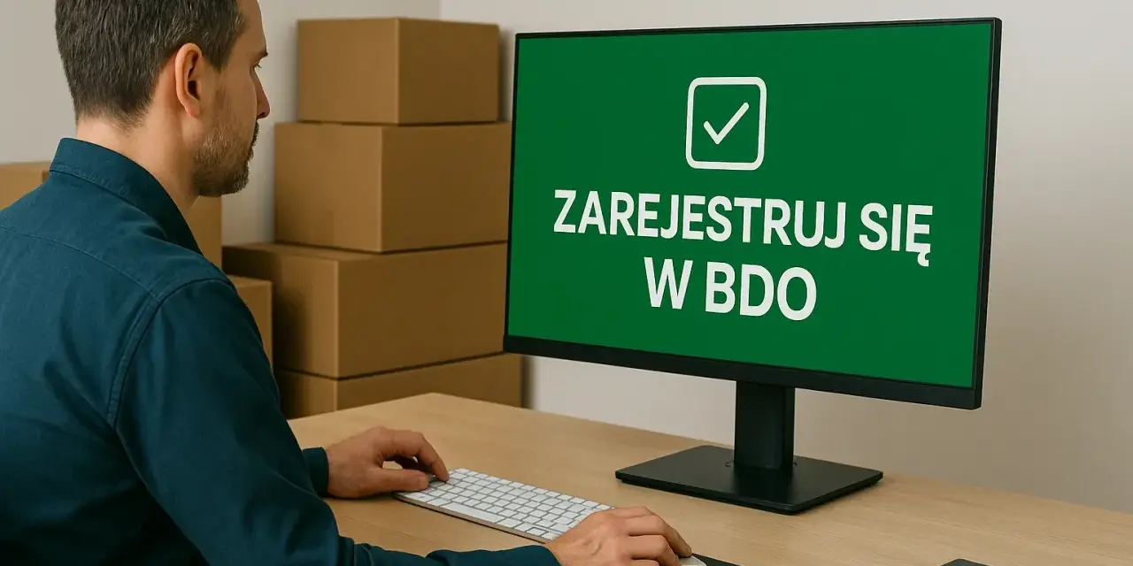 Mężczyzna przy biurku rejestruje jednoosobową działalność gospodarczą a śmieci w systemie BDO.